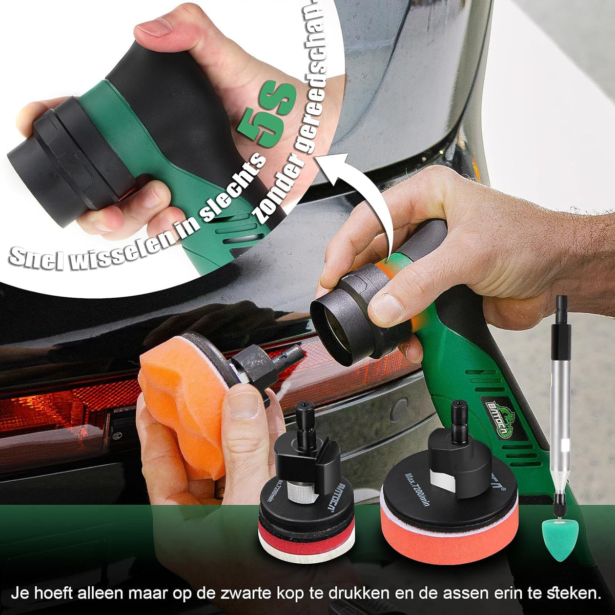 BATOCA S5 Snoerloze Auto Polijstmachine Mini Polijstmachine met 2 12V 2.0Ah Batterijen Roterende & Orbitale Auto Polijstmachine 25mm/50mm/75mm Polijstpads 6 Snelheden 2000-5500RPM voor Auto Detailing
