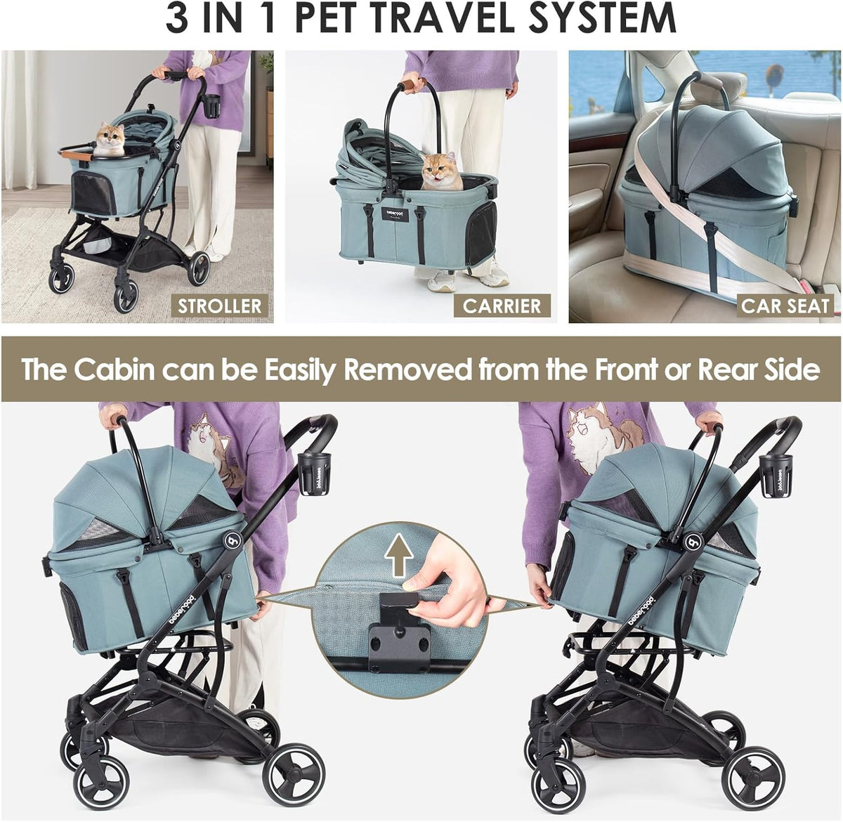 T3 Huisdierwagen, 3-in-1 hond en kat, kinderwagen voor kleine middelgrote honden en katten, opvouwbare lichte puppywagen, huisdiergear, reizen, hondenwagen (groen)