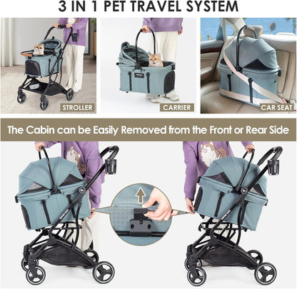 T3 Huisdierwagen, 3-in-1 hond en kat, kinderwagen voor kleine middelgrote honden en katten, opvouwbare lichte puppywagen, huisdiergear, reizen, hondenwagen (groen)