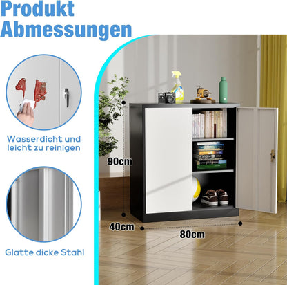 90 cm H Archiefkast, metalen kast met 2 in hoogte verstelbare legplanken, plaatstaal met poedercoating, stalen kast voor gereedschap, garage (zwart/wit)