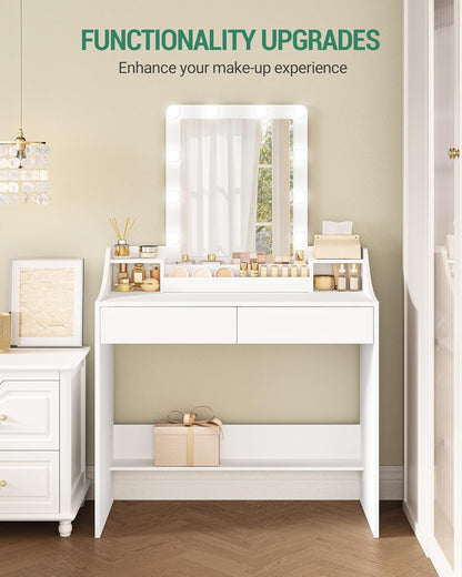 Hzuaneri Dressing Table 90cm with LED Lighting, Adjustable Brightness, Dressing Table with Mirror, Sideboard with 2 Drawers and 2 Open Compartments, Modern, WhiteDT40703X