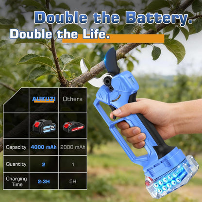 Professionele elektrische takkenschaar, accu 2 x 2 Ah, 40-50 mm snijdiameter, 6-10 uur gebruiksduur, blauw, complete set voor tuin en tuin