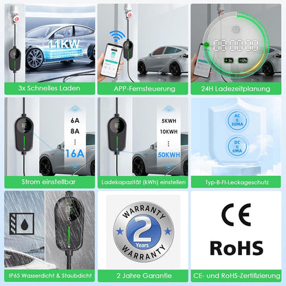 Wallbox 11 KW met app en KWH-laadbegrenzing, 3-fasig 6-16A type 2 oplaadkabel CEE-stekker