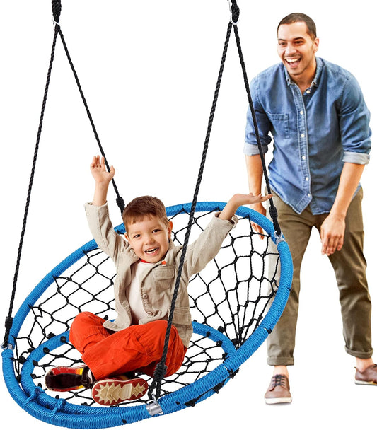 SereneLife Web Stoel Swing 35,5" Inch Opknoping Netted Seat Kids Indoor Outdoor Yard Ronde Cirkel Schotel Swing voor Bomen of Swing Sets - Alle Seizoen UV-bestendig Touw Net Schommeling, Blauw