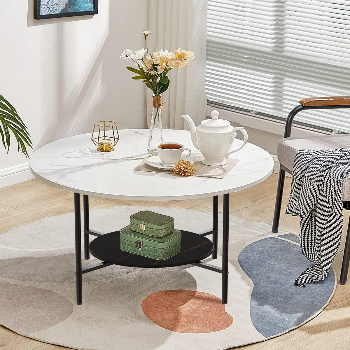FATIVO Marmeren Top Salontafels Rond: 2-laags witte en zwarte salontafel 80 cm gesinterde steen hoogglans knikkereffect tafelblad met mat zwart frame moderne grote middentafel woonkamer