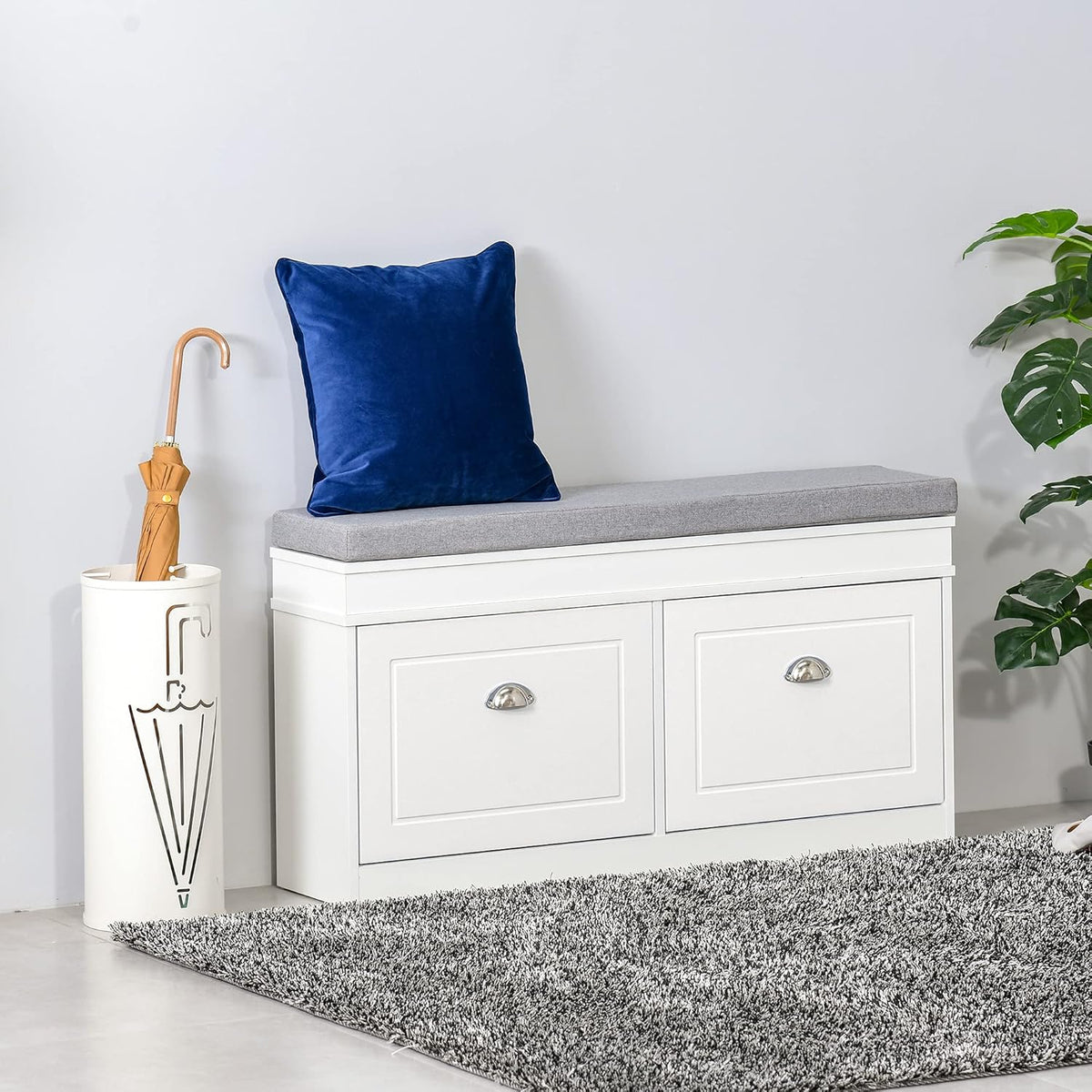 HOMCOM shoe rack shoe bench with cushion and 2 drawers chipboard MDF polyester foam white + grey 104 x 24 x 55 cm - QUORE