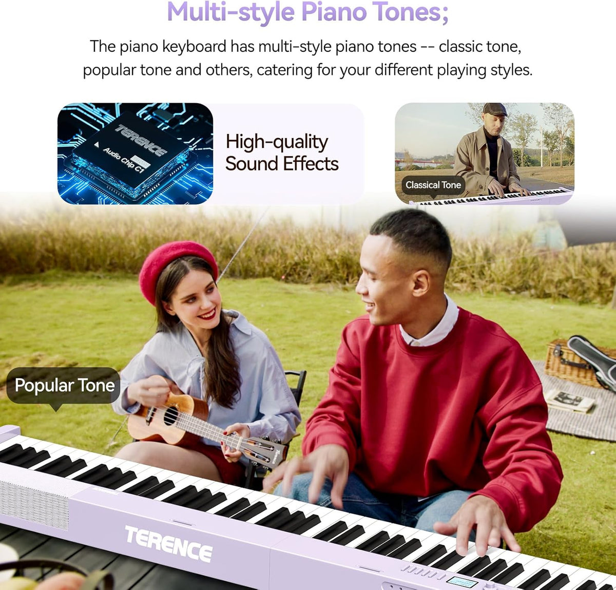 E-piano 88 toetsen – Keyboard Piano – Digitale Piano – Opvouwbare E-Piano – Elektrische Piano – Paars – Bluetooth en MIDI-ondersteuning – 1800 mAh Batterij