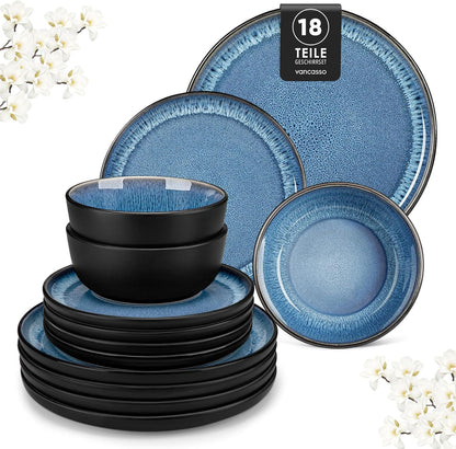 vancasso PLAYA Tafelservies voor 6 personen, modern servies, 18 delen van aardewerk, 6 platte borden, dessertborden en kommen, vaatwasmachinebestendig, reactief geëmailleerd, blauw