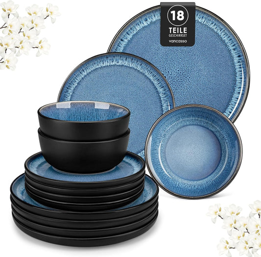 vancasso PLAYA Tafelservies voor 6 personen, modern servies, 18 delen van aardewerk, 6 platte borden, dessertborden en kommen, vaatwasmachinebestendig, reactief geëmailleerd, blauw