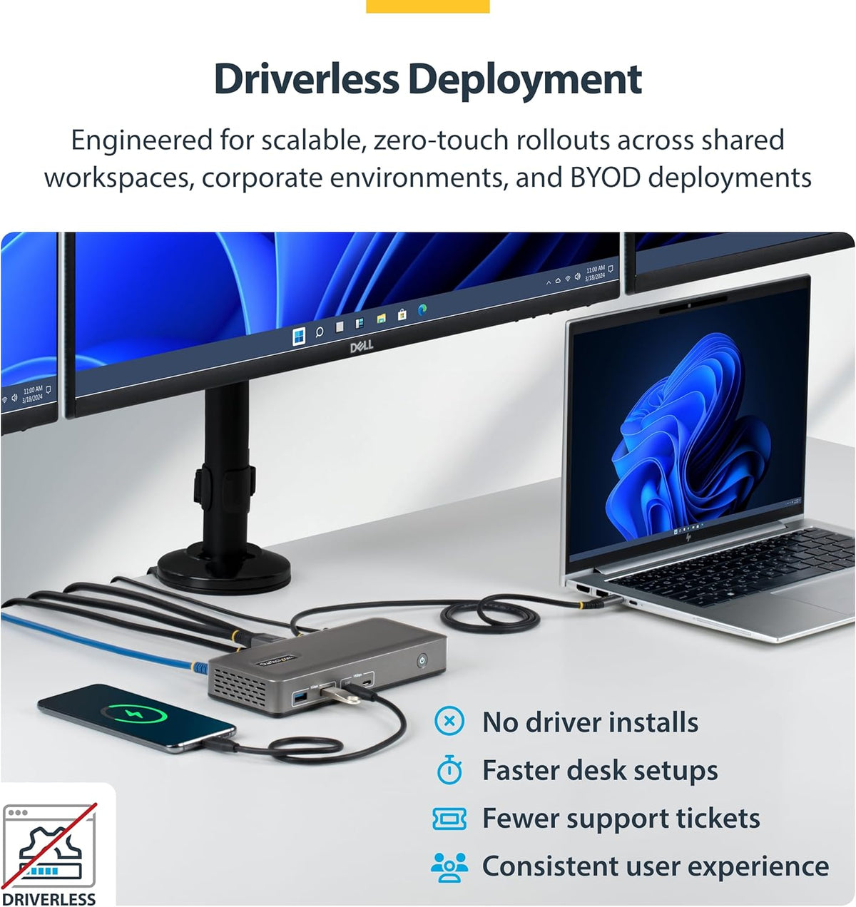 StarTech Triple-Monitor USB-C Docking Station, DisplayPort/HDMI, 4K 60Hz, 100W PD, 1GbE, Driverless, Multi-Monitor Dock