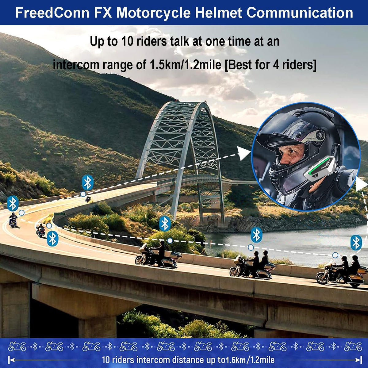 FreedConn FX Motorfiets Bluetooth Headset met Muziek Delen, 2 stks FX 10 Riders 1500m Groep Helm Bluetooth Intercom met Ruisonderdrukking/FM Radio, /Universele Koppeling/Zilver Ultradunne Body