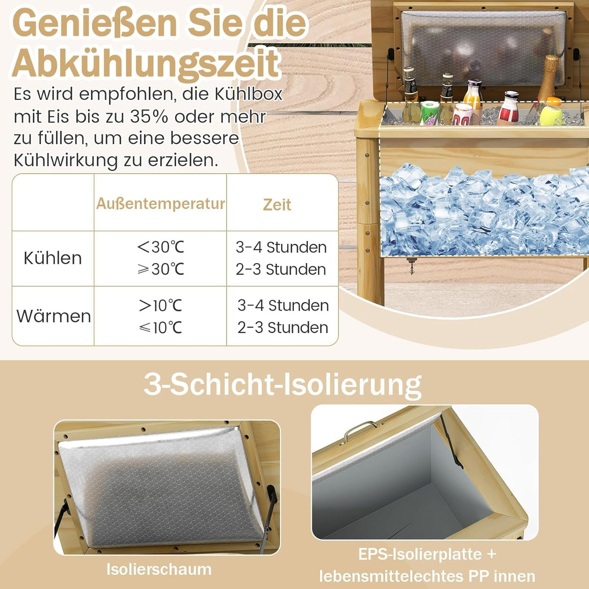 FANTASK Terrassenkoeler, hout, 51 l, rustieke eistrui met 3 handgrepen, flesopener en afvoersluiting, outdoor-terrassenkoeler voor BBQ, cookouts, tuin, terras, zwembad, feest, 67 x 47 x 74 cm