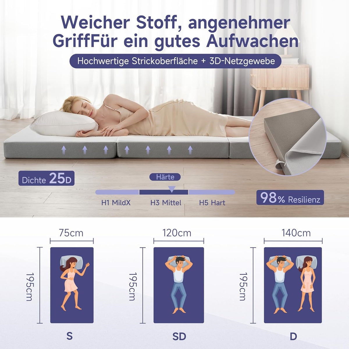 Z-HOM Vouwmatras, gastenmatras, 3-delig vouwmatras, 90 x 195 x 10 cm dik, schuimmatras, opvouwbaar matras, volwassenen, afneembare en wasbare buitenhoes