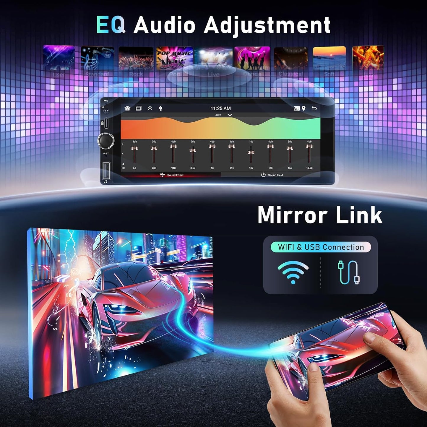 CarPlay autoradio 1 DIN 2G+64G, Podofo 6,86 inch touchscreen autoradio met DAB+, Bluetooth/FM/RDS/Navi/Stuurwielbediening/WiFi, Android autoradio