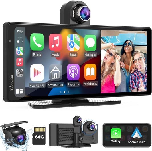 Carpuride W903 Draagbare Draadloze Carplay & Android Auto met Dashcam - 9,3" HD IPS Scherm, 4K Voor- & Achteruitrijcamera, Lusopname, Bluetooth, Spiegellink, GPS, Siri, Dashboardmontage