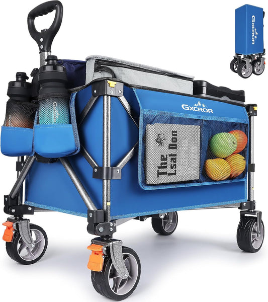 GXCROR Opvouwbare trolley kar 100L Heavy Duty Opvouwbare Wagon met 13cm brede wielen en verwijderbare wielen, Beach Utility Cart met remmen en zijvakken