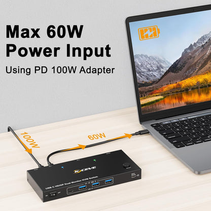 KVM Switch 2 PC 2 monitoren USB C, KVM Switch Dual Monitor voor Laptop & PC, USB 3.0 MST Dual 4K @60Hz, PD 60W voor laptop, HDMI DP KVM-switches USB C, met bedrade afstandsbediening