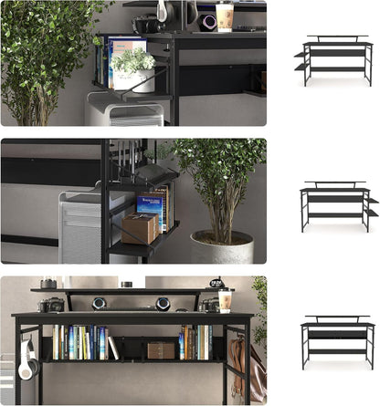 Mondeer Computerbureau, werkstation schrijfbureau met 2 verstelbare opbergplanken en grote monitorstandaard, ruimtebesparend voor thuiskantoor studio, 120 x 60 x 90 cm, zwart