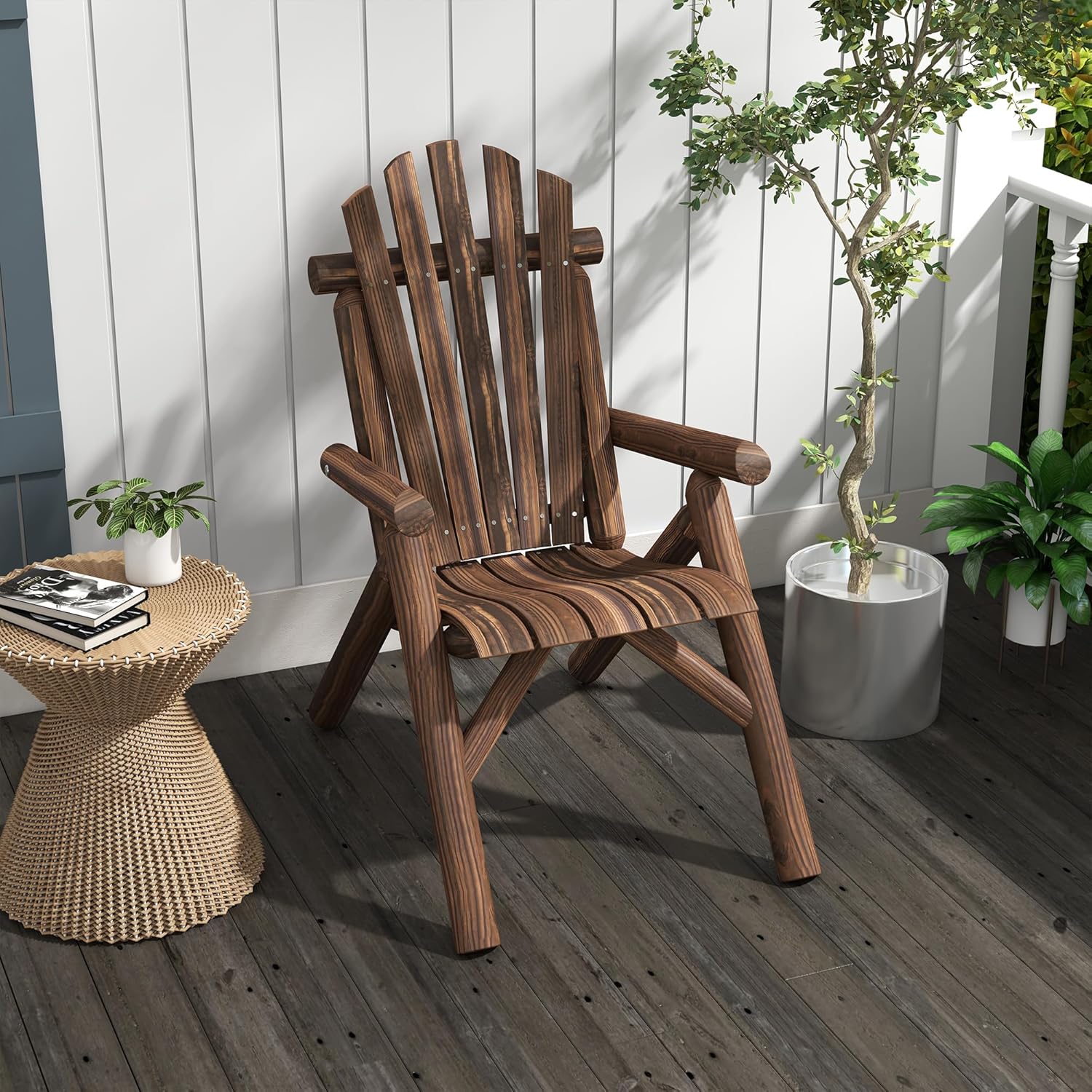 Outsunny Adirondack Garden Chair Wooden Chair High Backrest with Armrest Pine Wood Charred 83 x 68 x 101 cm - QUORE