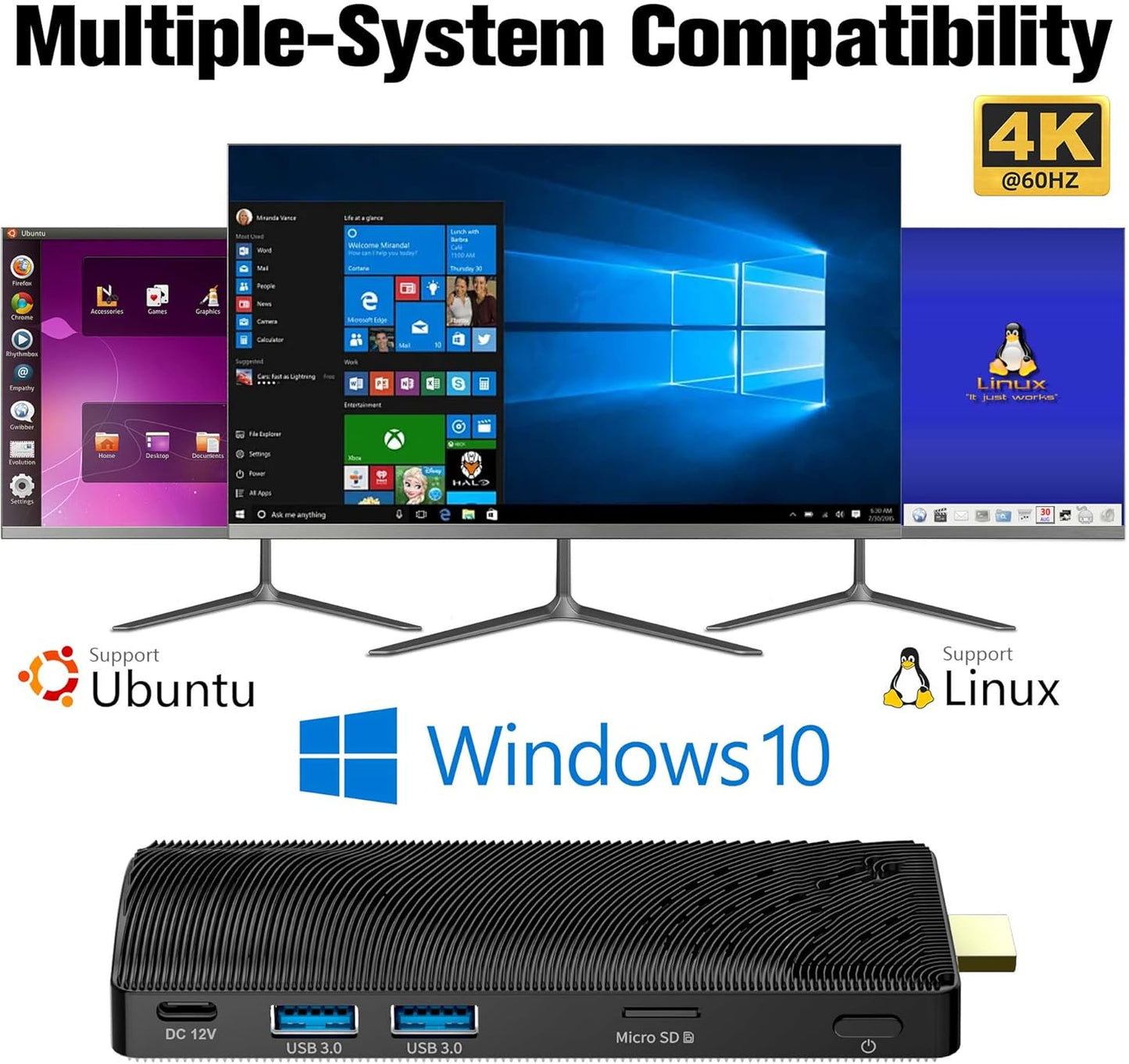 Fanless Mini PC Stick, Intel Celeron J3455 Quad-Core 1,5-2,3 GHz, 4 GB RAM 64 GB eMMC, Dual Gigabit Ethernet, 4K 60Hz HDMI, WiFi BT 5.0, USB 3.0 x2, Win 10 Pro voor zakelijke, industriële en