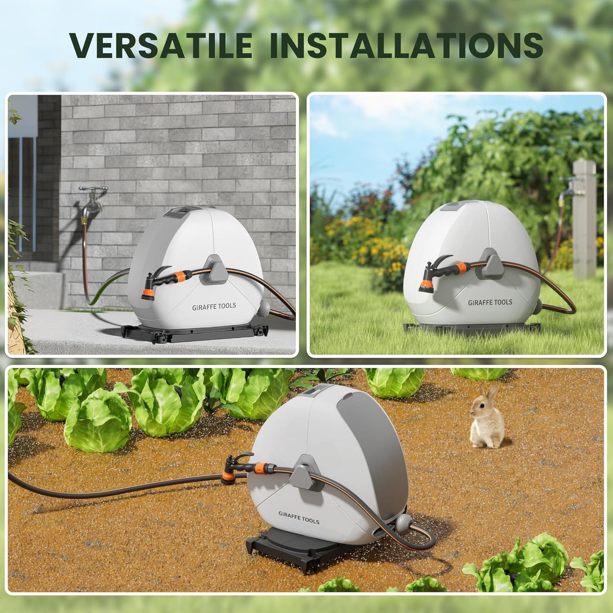 Giraffe Tools Intrekbare slanghaspel met 25 m, zware grondmontage tuinslanghaspel, met 9 functies sproeier en flexibele draaibare basis