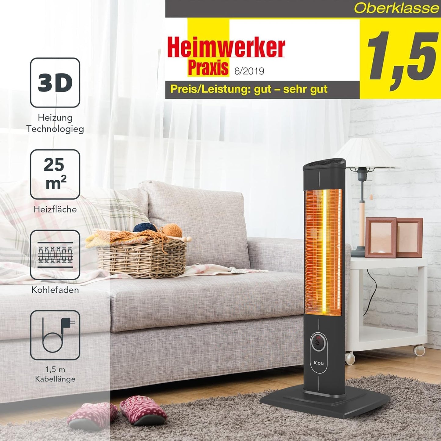 ICQN Staande warmtestraler met afstandsbediening, 2300 watt, Infraroodverwarming voor binnen en buiten, staande warmtestraler, IP20, digitaal display