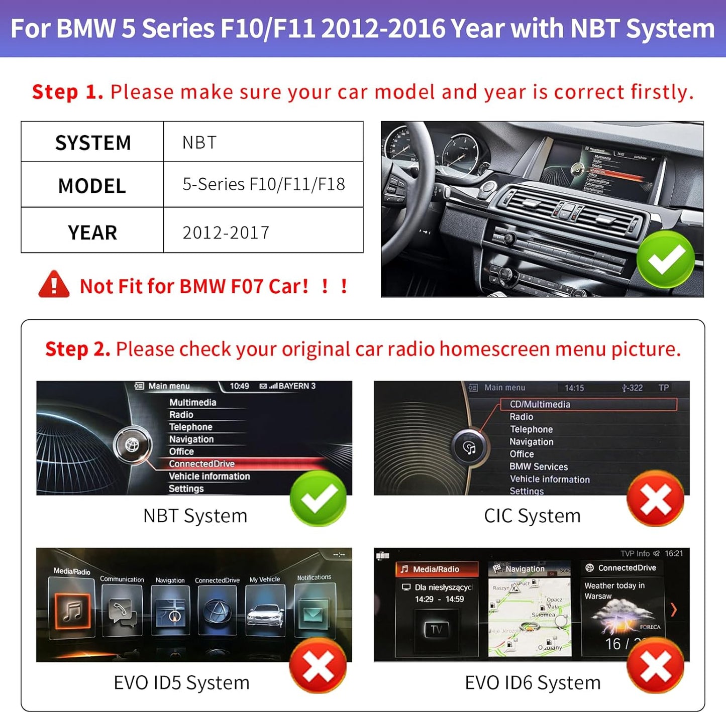 Road Top 10.25 Inch Car Radio Touch Screen Wireless CarPlay Android Car for BMW 5er F10/F11 2012-2016 Year with NBT System, Car Stereo Multimedia Car Radio Receiver (Not for F07!!!) - QUORE