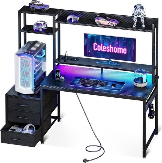 Coleshome Gamingbureau met Plank en Lades, 120×48 cm Gamebureau met LED-verlichting & Ingebouwd Stopcontact, Computertafel met Opbergplanken & Monitorstandaard