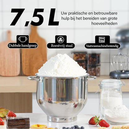 Kitchen in the box Keukenmachine, 7,5 L Staande Mixer 1400W – Deegmixer met Planetaire Mengtechniek, Menghaak, Deeghaak, Garde (Zwart)