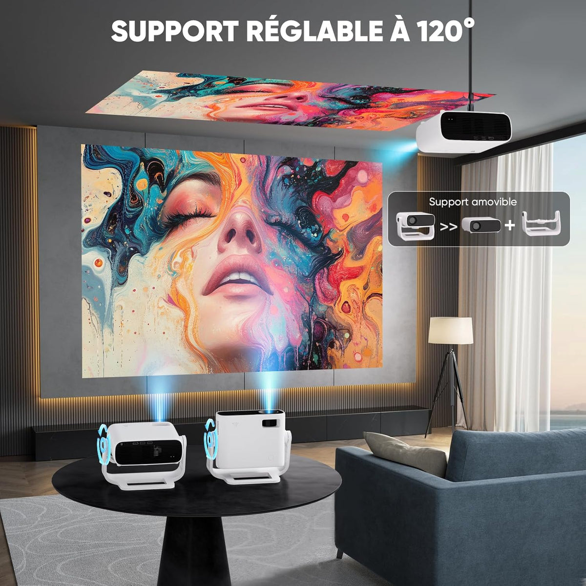 Beamer 2025 met geïntegreerde app – draagbare projector full hd 1080p 650ANSI, retroprojector ondersteunt 4K WiFi Bluetooth, trapeziumcorrectie auto en 4P, compatibel met iOS Android HDMI
