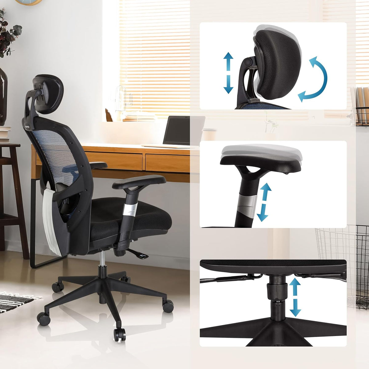 hjh OFFICE Venus Base 657110 Bureaustoel, managersstoel, blauw, ergonomische flexibele lendensteun, hoog zitcomfort, ergonomische draaistoel met verstelbare armleuningen, bureaustoel