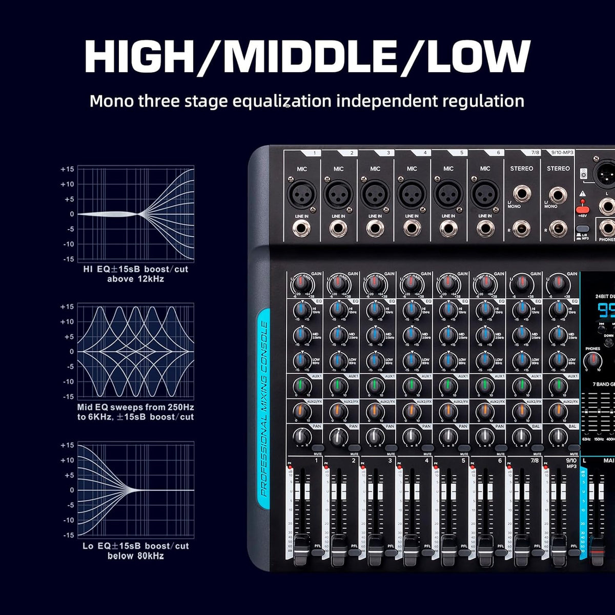 Audiomixer, 10-kanaals professionele stereomixer, 99 DSP Reverb, 7-bands equalizer, USB, 48V fantoomvoeding, One-Click Mute voor DJ, opname, podium (10-kanaals)