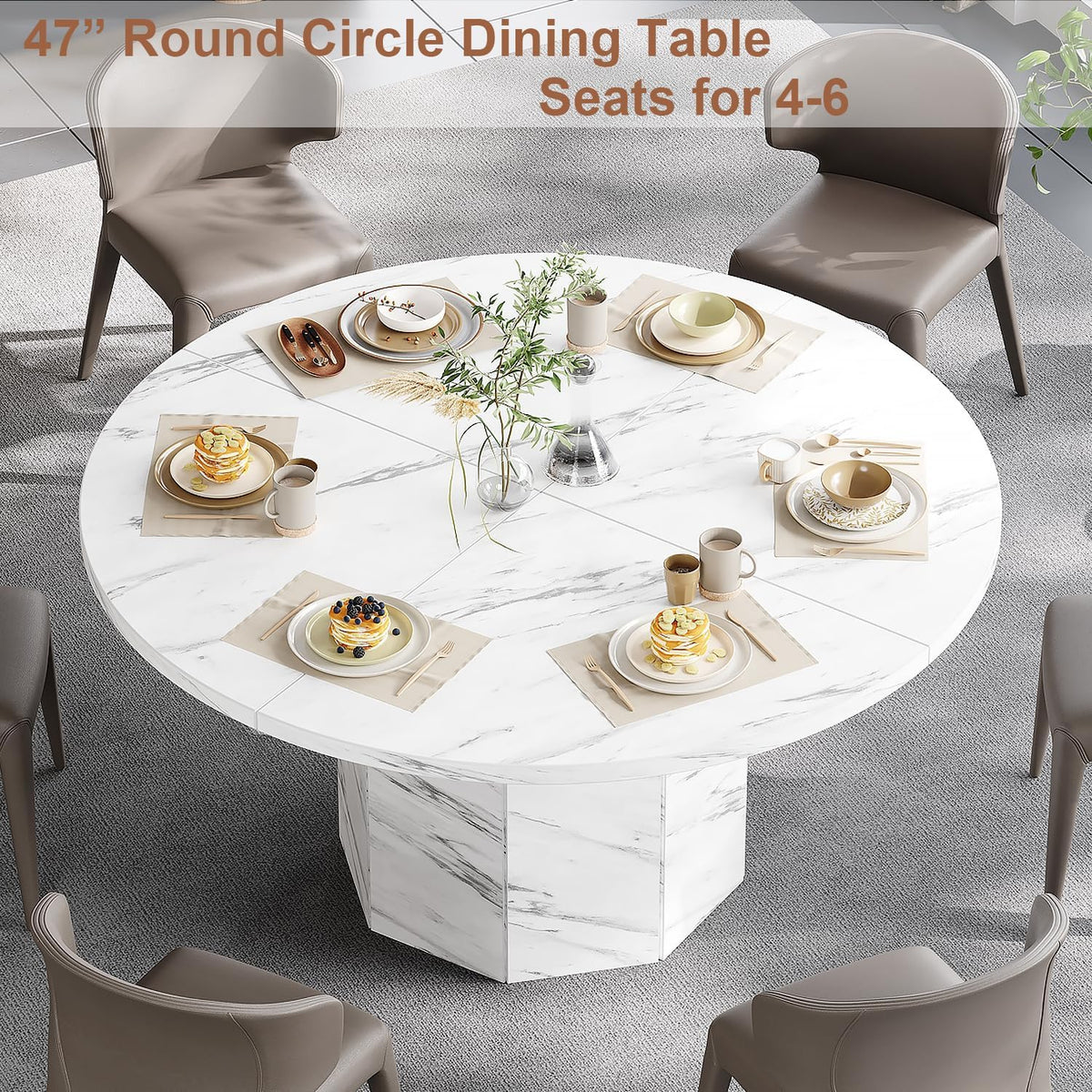 HSH Ronde eettafel voor 4-6 personen, alleen witte faux marmeren eettafel, moderne cirkel keukentafel voor thuis woonkamer, industriële houten eettafel met achthoekige basis, wit marmer, 120 cm - QUORE