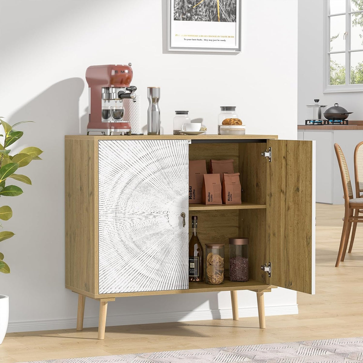 Dressoir gesneden keukenkast, vintage buffetkast, houten opbergkast met verstelbare plank, poten van massief hout, voor woonkamer, keuken, eetkamer, 80 x 35 x 80 cm