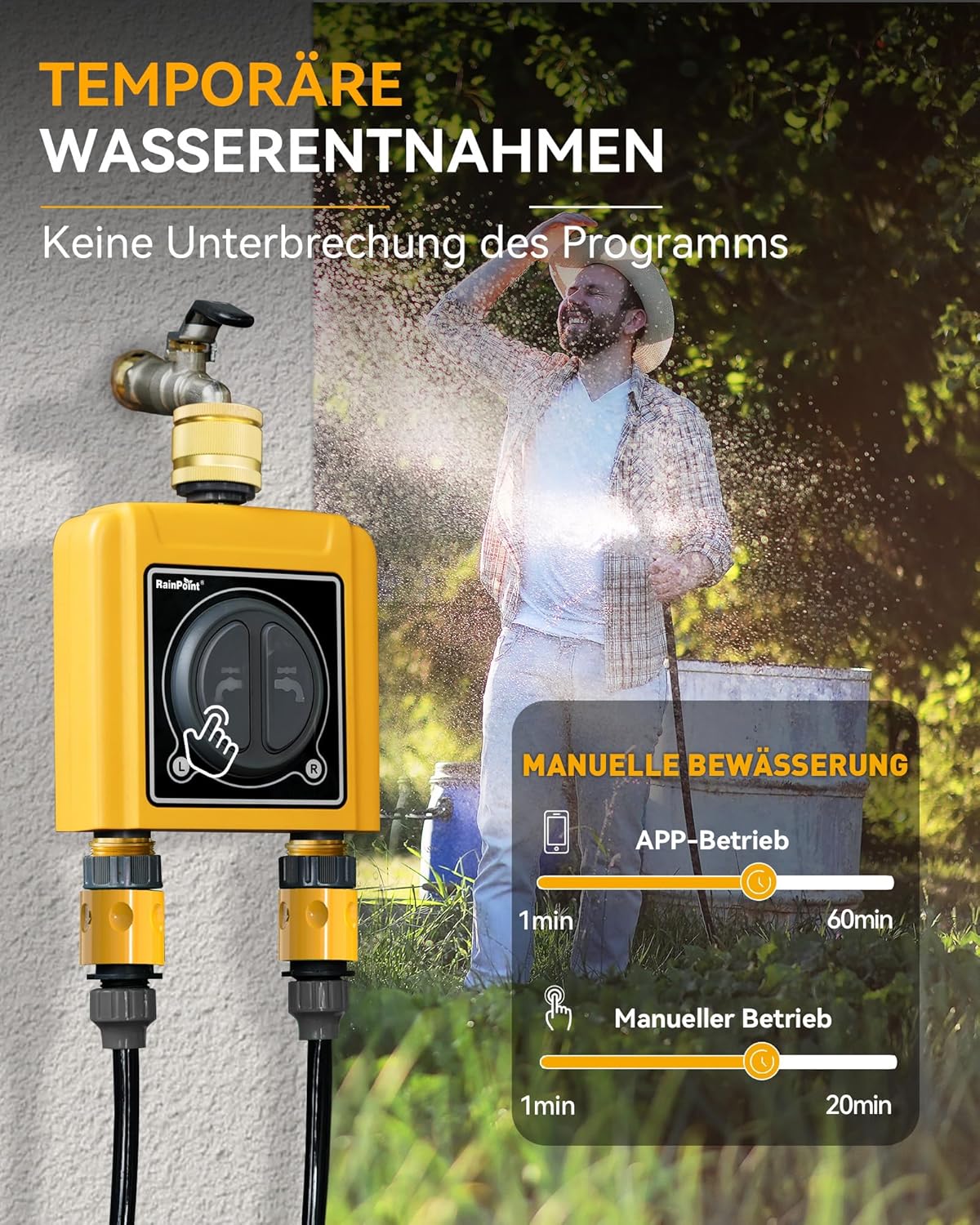 RAINPOINT Irrigatiecomputer, wifi, 2 uitgangen met messing inlaatuitlaat, intelligente watertimer voor tuinslang, regenvertraging/handmatig/app-irrigatie