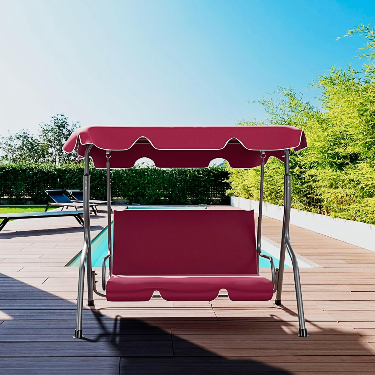 Schommelbank 3-zits met verstelbaar zonnedak, gevoerd kussen, robuust frame van gelakt staal, voor buiten, tuin, balkon, terras, zwembad, 170 x 110 x 153 cm (bordeauxrood)