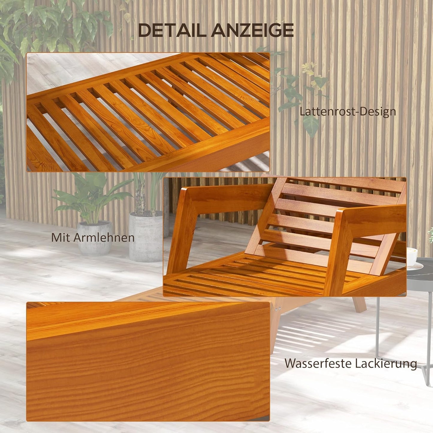 Outsunny Sun Lounger, Garden Lounger, Wood Lounger, Weatherproof, Relax Chair for Balcony, Patio, Load up to 120 kg, Orange, 66 x 190 x 73.5 cm - QUORE