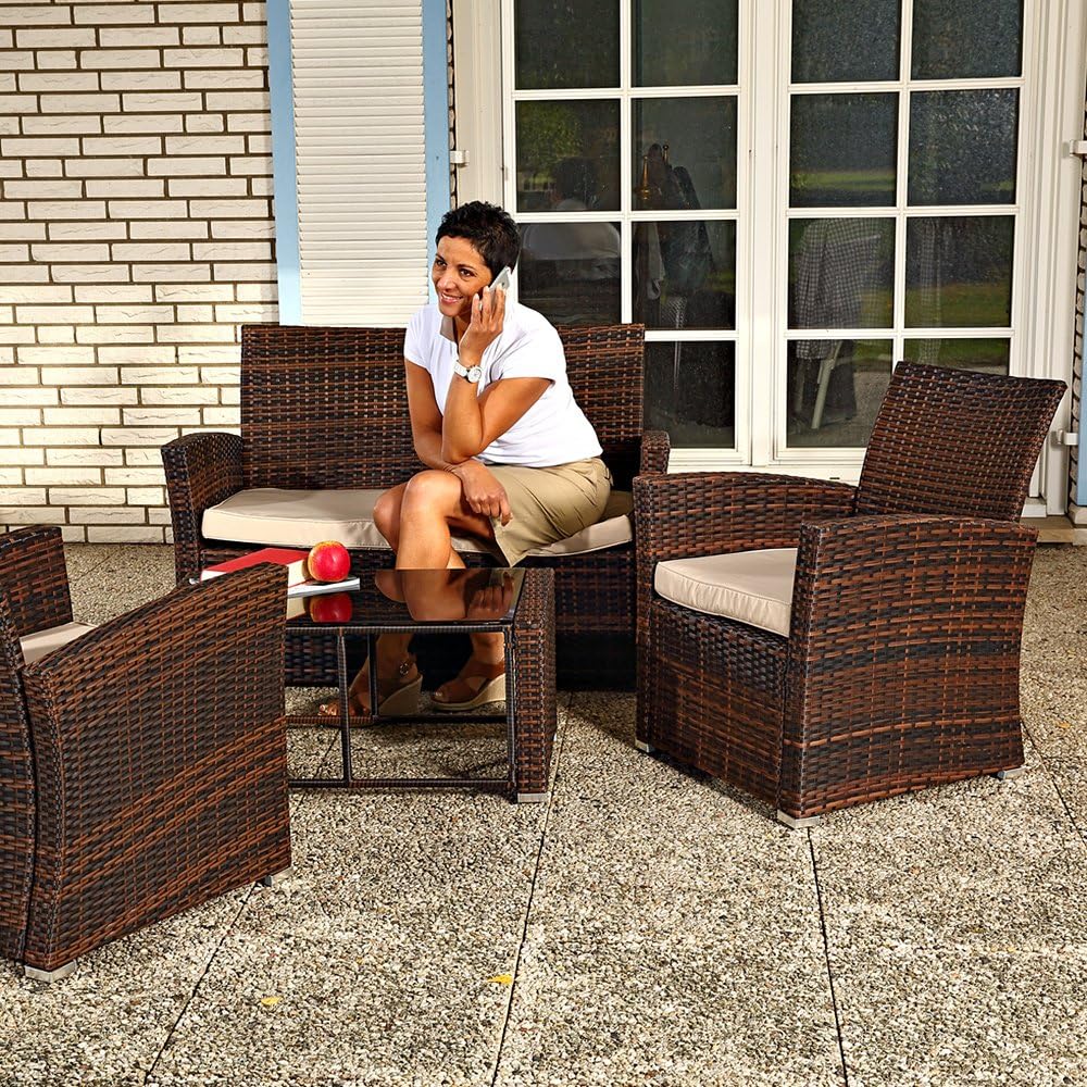 Melko Poly Rattan Set of 4 in Brown, Garden Furniture Lounge Furniture Dining Group, Includes Seat Cushions - Garden, Balcony, Patio - QUORE