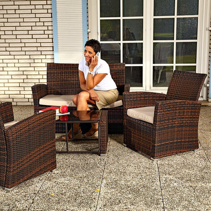 Melko Poly Rattan Set of 4 in Brown, Garden Furniture Lounge Furniture Dining Group, Includes Seat Cushions - Garden, Balcony, Patio - QUORE