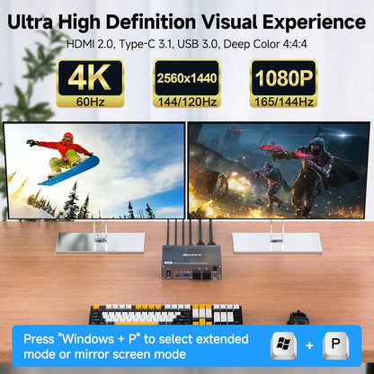 4K KVM Switch 2 Monitoren für 1 Laptop 1 Desktop, KUSB 3.0 KVM Switch 2 PC 2 Monitoren USB C, 4K@60Hz, MST, PD 100W, Aluminium, met Bedrade Afstandsbediening
