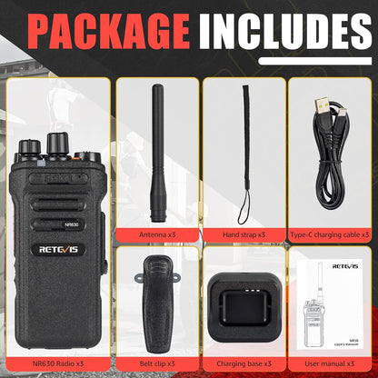 Retevis NR630 Walkie Talkie voor Volwassenen, Lange Afstand, IP67 Waterdichte 2-Weg Radio, Ruisonderdrukking, Groepsoproep, 2800mAh Oplaadbare Walkietalkie voor Bouwplaats, Aannemer (Zwart, 3 Stuks)