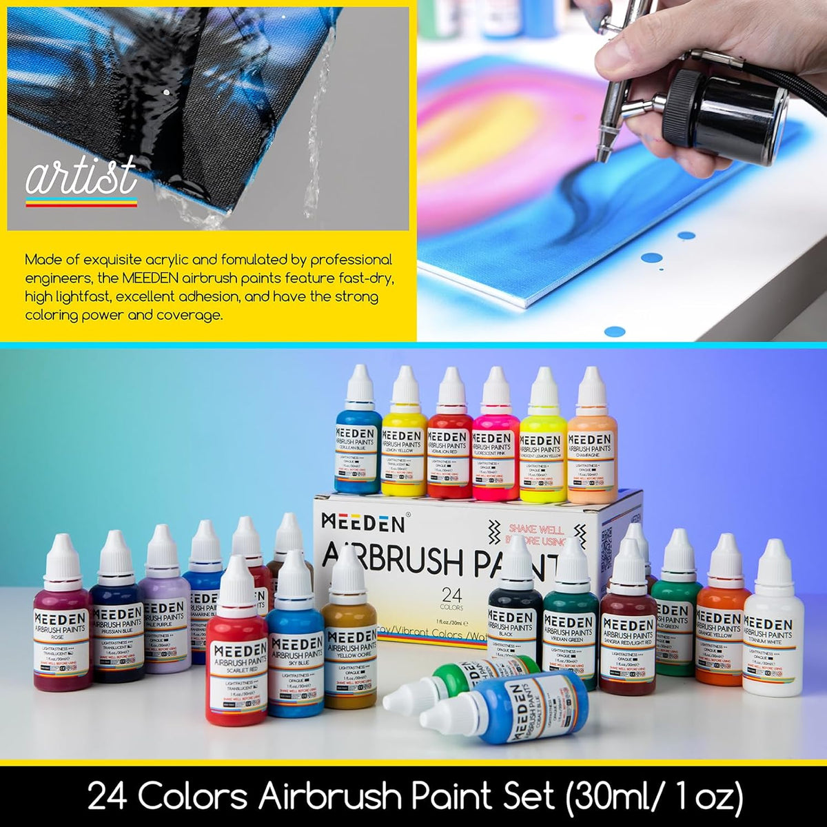 MEEDEN Airbrush Kit met Compressor - 1/5 HP Quite Air Compressor met 3 Dual-Action Air brush Guns, 24 Kleuren x 30ml Airbrush Paint Set voor Modelschilderij