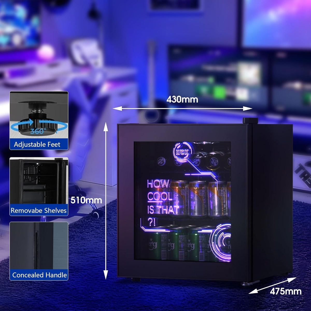 HCK 48L Cyberpunk Bierkoelkast met Moderne RGB Verlichting, Mini Koelkast met Glazen Deur, Dranken Koelkast Gaming Koelkasten, 0-15°C Regeling, voor Slaapkamers, Gaming Room, Feesten, Zwart
