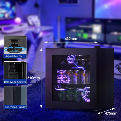 HCK 48L Cyberpunk Bierkoelkast met Moderne RGB Verlichting, Mini Koelkast met Glazen Deur, Dranken Koelkast Gaming Koelkasten, 0-15°C Regeling, voor Slaapkamers, Gaming Room, Feesten, Zwart