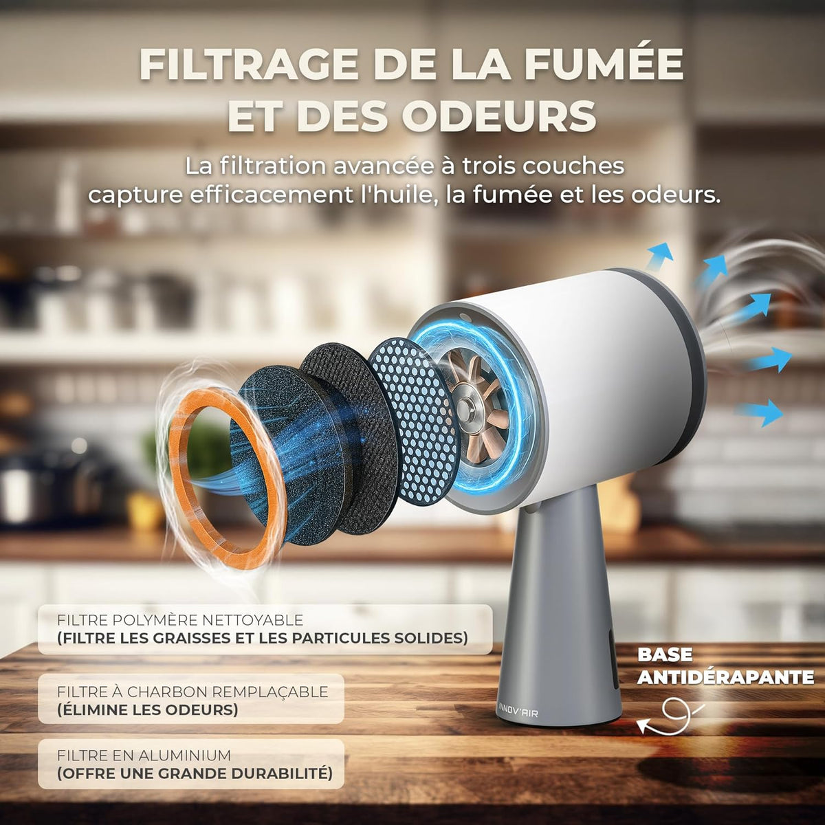 INNOV'AIR Afzuigkap, 180 m³/u, draagbaar, 3 snelheden, stil, met koolstoffilter, draagbare mini-afzuigkap, voor keuken zonder afvoer en buiten