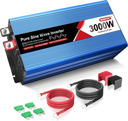 Omvormer, 3000 W, spanningsomvormer, DC 24 V naar AC 230 V, zuivere sinusgolf, met 2 EU AC-aansluitingen, 1 USB-poort, lcd-display, laadstroom 20 A