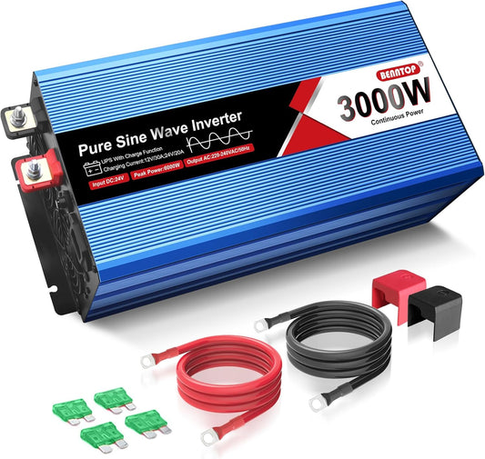 Omvormer, 3000 W, spanningsomvormer, DC 24 V naar AC 230 V, zuivere sinusgolf, met 2 EU AC-aansluitingen, 1 USB-poort, lcd-display, laadstroom 20 A
