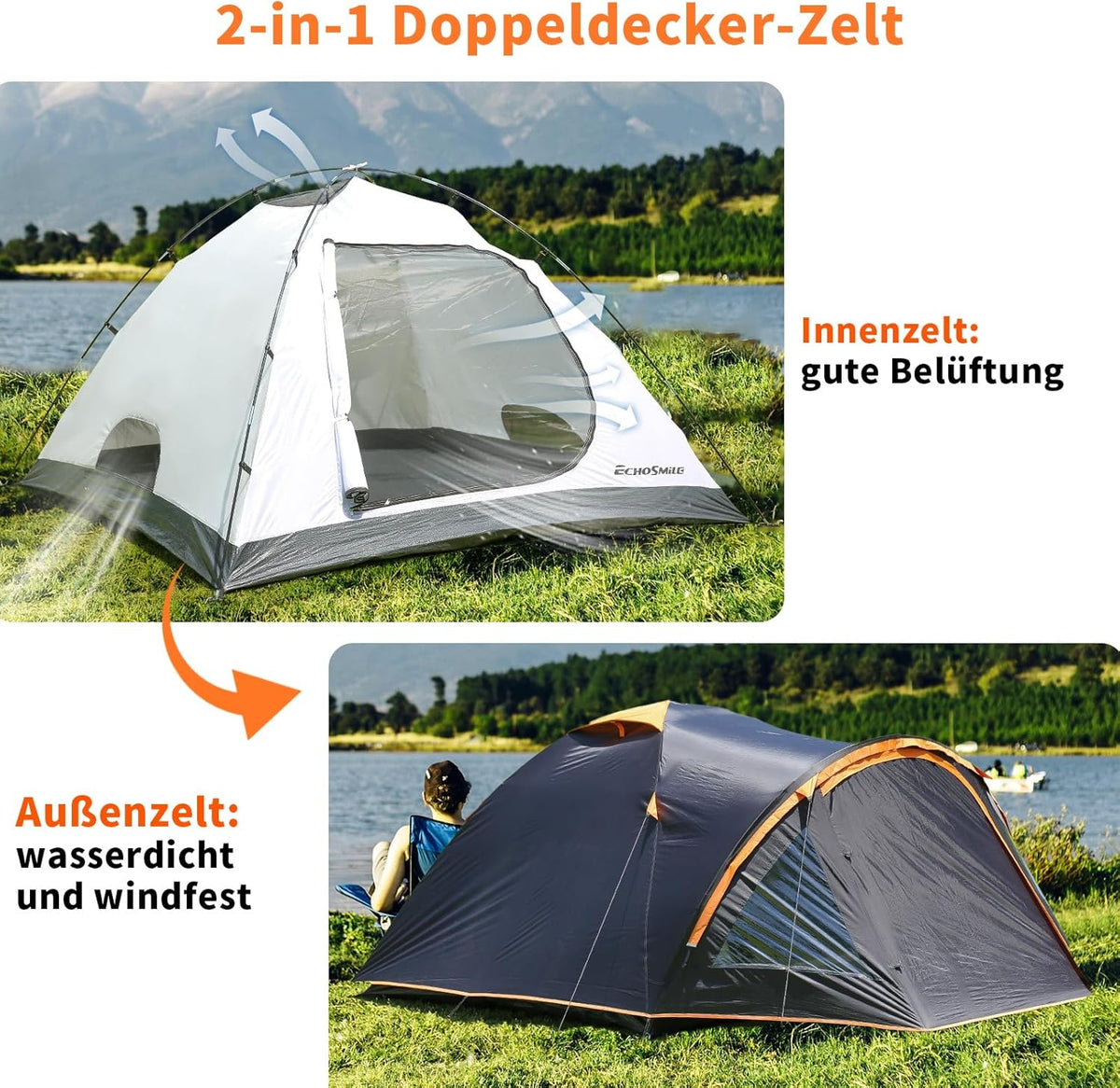 EchoSmile 4-persoons campingtent, 3-4 seizoenen, waterdicht, 5000 mm, koepeltent met voortent, lichte wandeltent, outdoor iglu tent, festivaltent