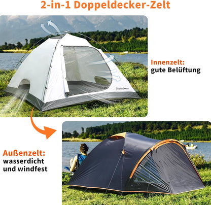 EchoSmile 4-persoons campingtent, 3-4 seizoenen, waterdicht, 5000 mm, koepeltent met voortent, lichte wandeltent, outdoor iglu tent, festivaltent