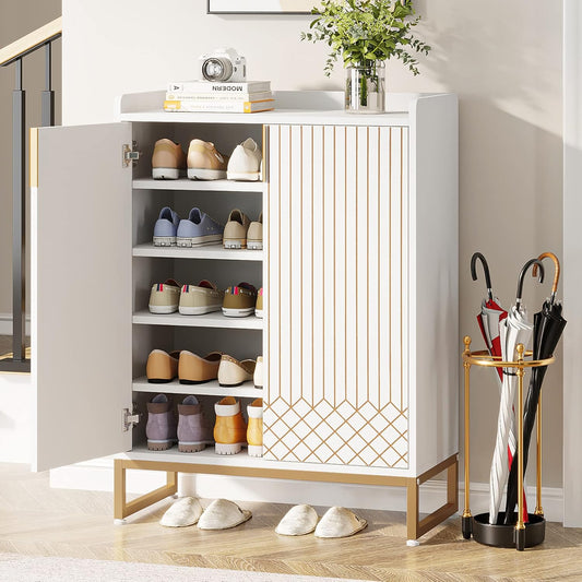 Tribesigns Shoe Cabinet with 2 Doors, 75 x 35 x 105cm, 5 Layers Shoe Storage Cabinet, 25 Pairs Wooden Shoe Cabinets, Modern Shoe Organizer Storage for Living Room, Bedroom, Hallway, Closet, White
